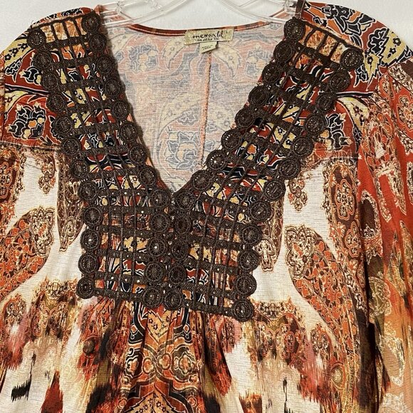One World Womens Tunic Top Sz L Orange Brown Boho Open Crochet V-neck Fall L/S - Picture 2 of 12